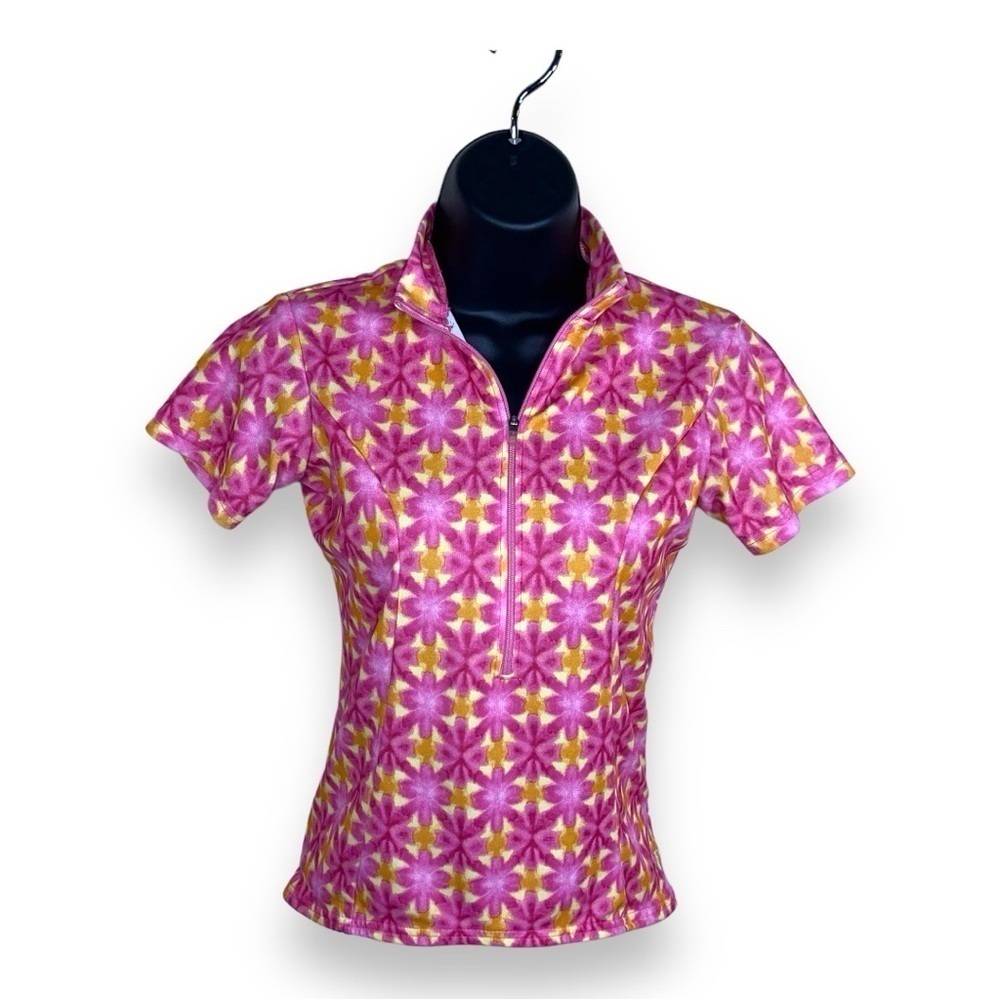 XS Y2K TERRY PINK YELLOW FLORAL SHORT SLEEVE TOP GOLF OUTDOOR ACTIVEWEAR 90s